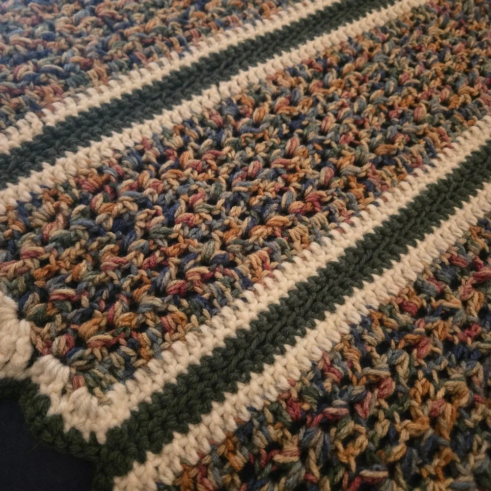Handmade Crochet Striped Afghan Throw Blanket Green Cream Earth Tones Tassels
